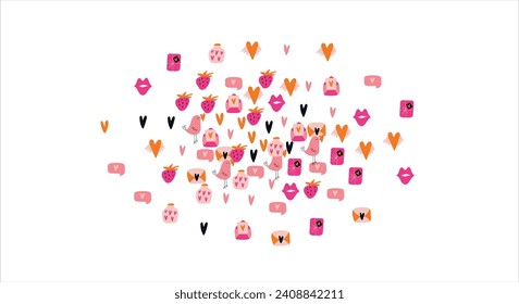 Fondo de marco brillante con elementos de San Valentín. Postal en blanco, invitación a vacaciones, boda. Doodle. Ilustración vectorial.