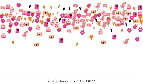 Bright frame background with Valentine's Day elements. Blank postcard, invitation to a holiday, wedding. Doodle. Vector illustration.