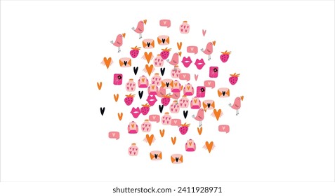 Fondo de marco brillante con elementos de San Valentín. Postal en blanco, invitación a vacaciones, boda. Doodle. Ilustración vectorial.