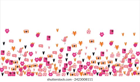 Bright frame background with Valentine's Day elements. Blank postcard, invitation to a holiday, wedding. Doodle. Vector illustration.