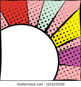 Bright frame with circle in pop art style. Diverging multi-colored rays of red, yellow, turquoise, purple and pink. White circle with a black stroke. Pop art pattern.
