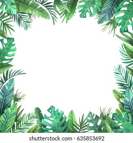 Bright frame of colorful tropical leaves. Concept of the jungle for the design of invitations, greeting cards and wallpapers.