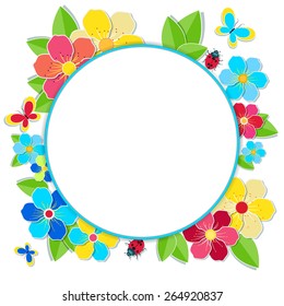 Bright frame with flowers, butterflies and ladybug. Round summer frame with place for your text. Isolated on white background