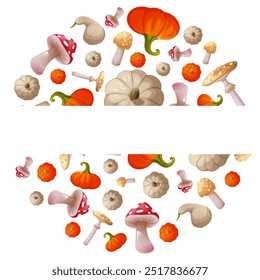 Bright frame with fly agaric, pumpkin, top and side view. Frame for design of post, cards, invitations