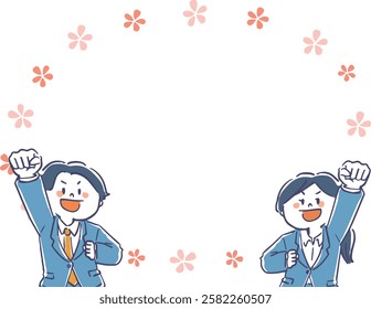 Bright frame illustration of a man and a woman in a suit with cherry blossoms