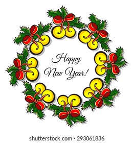 Bright frame made from hand drawn baubles and branches of fir. Vector illustration