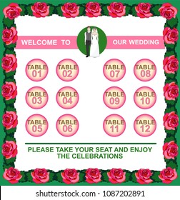 Bright frame made of roses  and a guest list.Wedding Seating Chart. Wedding table chart. Includes Tables List. Seating Plan. bride and groom. Easy to edit.
