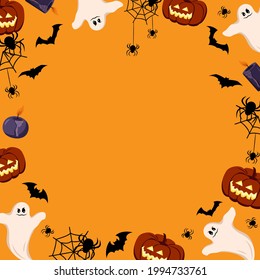 Bright frame on a orange background with pumpkins, ghosts, skulls, bats and spiders. Halloween festive autumn decoration. October holiday pattern with empty space for poster, postcard and design