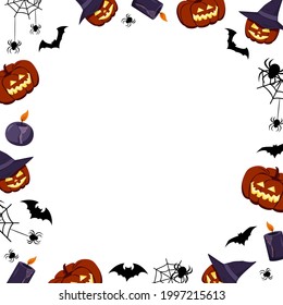 Bright frame on a white background with pumpkins, ghosts, skulls, bats and spiders. Halloween festive autumn decoration. October holiday pattern with empty space for poster, postcard and design