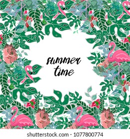 Bright frame with palm leaves, watermelon, flowers and flamingo bird. Summer time text. Vector illustration on the white background.  Exotic Abstract background, vintage.
