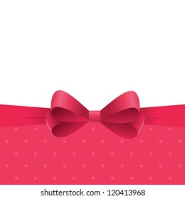 Bright frame with red satin ribbon on white and red polka dot background