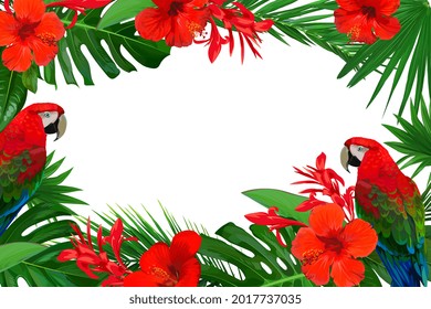 Heller Rahmen mit roten tropischen Blumen und Palmenblättern