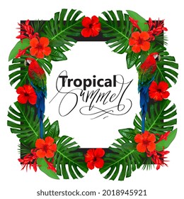 Bright frame with red tropical flowers and palm leaves