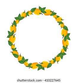 Bright frame with ripe yellow lemons and green leaves. Colorful fresh lemons. Bright background for wallpaper, textile, web pages, wedding invitations, etc.