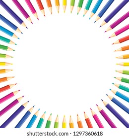 Bright frame with round copy space for text or photo Child Print composed of colored pencils on white background