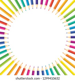 Bright frame with round copy space for text or photo. Print composed of colored pencils on white background. 