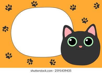 Bright frame with  white bubble for text. Orange background. Black cat's head and footprints, pet paws. Animal has big green eyes. Cartoon flat design.