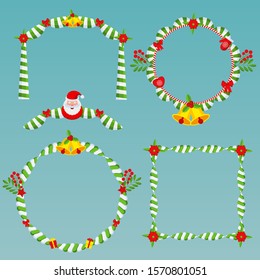 Bright frames and borders with Santa Claus, snowballs and winter decorations. For new year, Xmas card, booklet, brochure and website. Flat cartoon illustration isolated on white background.
