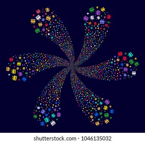 Bright Free Gift cyclonic abstract flower on a dark background. Suggestive spiral combined from scattered free gift objects.