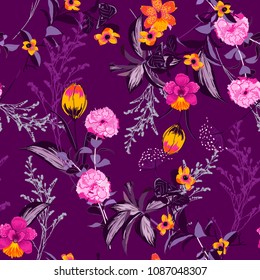 Bright and fresh blooming colorful forest garden Floral pattern  Tropical botanical ,Seamless vector texture.for fashion fabric , Printing with in hand drawn style on purple background.