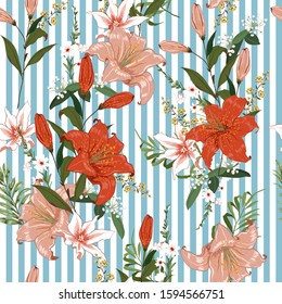 Bright and fresh blooming jungle garden botanical flower on blue striped seamless pattern in vector EPS10 ,Design for fashion,fabric,web,wallpaper,wrapping and all prints