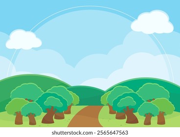 bright and fresh green forest and field in summer time background, vector illustration