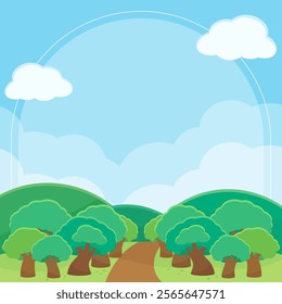 bright and fresh green forest and field in summer time background, vector illustration