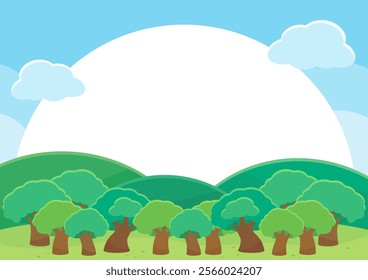 bright and fresh green forest and field in summer time theme frame, vector illustration