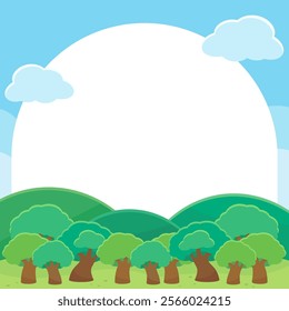 bright and fresh green forest and field in summer time theme frame, vector illustration