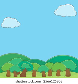 bright and fresh green forest and field in summer time background, vector illustration