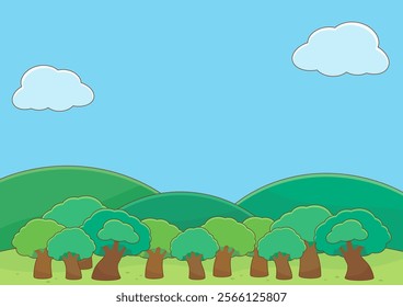 bright and fresh green forest and field in summer time background, vector illustration