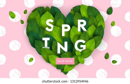 Bright fresh green leaves in heart shape isolated on white background. Vector illustration