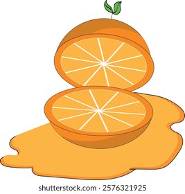 A bright and fresh illustration of a sliced orange with vibrant juicy details, placed on a puddle of orange juice. The design includes a small green leaf on top, adding a touch of natural freshness. P