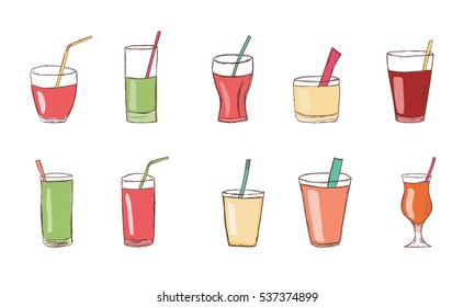 Bright fresh juice in glasses with straws on a white background.