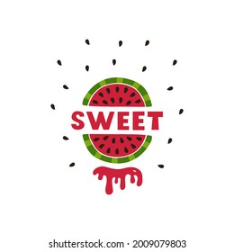 Bright fresh slice watermelon, lettering and splashes isolated on white background. Vector illustration