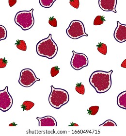 Bright fresh sliced figs and strawberry  on white background. Seamless summer fruit pattern.