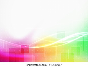 Bright fresh square and swoosh wave pattern futuristic layout. Vivid colorful green orange and red dotted square template background with soft smooth futuristic graphic light line. Vector illustration