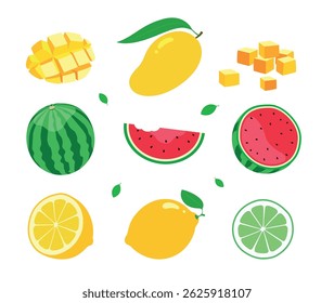Bright and fresh vector illustrations of mango, watermelon, lemon, and lime in whole and sliced forms. Perfect for food, summer, or healthy lifestyle designs.