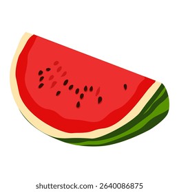 Bright and fresh vector of a single watermelon slice viewed from the side. Perfect for summer-themed stickers, labels, and food-related illustrations.