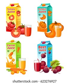 Bright fresh vegetable juices set with tomato pumpkin carrot beet full glasses and carton packages isolated vector illustration