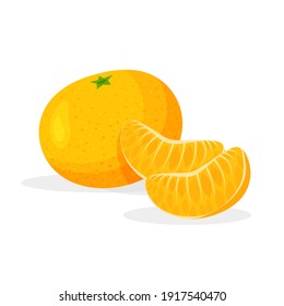 Bright fresh whole and slice of tangerine isolated on white background. Vegan food vector icons in a trendy cartoon style. Healthy food concept.