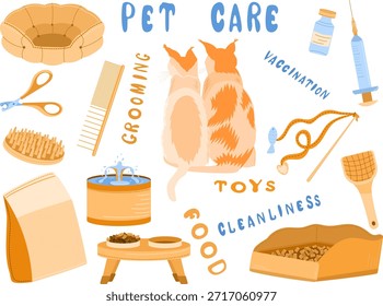 Ilustración brillante y amigable que muestra dos gatos rodeados de juguetes esenciales de la tienda de mascotas, herramientas de aseo, alimentos, cama y artículos de vacunación. Ideal para carteles, Sitios web, anuncios.