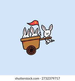 Bright, friendly scene with three white bunnies in a wooden cart, flag waving above. Playful Easter family moment, suitable for kids, celebrations, and seasonal themes.