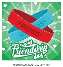 Bright Friendship Day, featuring intertwined red and blue bracelets, with the word Friends surrounded by a background of bright green hearts and a decorative typography message celebrating friendship.