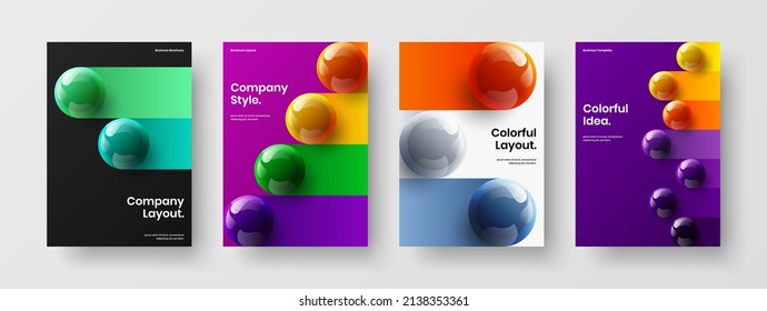 Bright front page A4 design vector concept collection. Minimalistic 3D balls corporate cover illustration bundle.