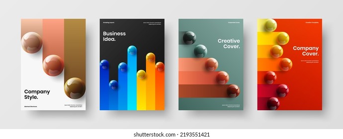 Bright front page A4 design vector illustration composition. Simple 3D balls company brochure layout bundle.