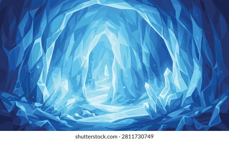 Bright frosty path leads deeper into an enchanting blue ice cave surrounded by sharp crystal structures.
