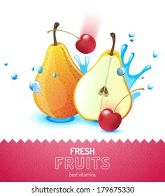 Bright fruit background with pear, cherry and water splashes