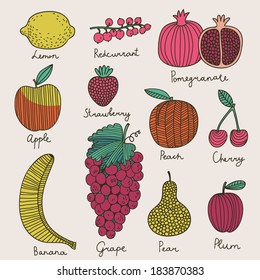 Bright fruit and berries set in vector. Lemon, redcurrant, apple, strawberry, banana, grape, pomegranate, peach, cherry, pear and plum. Tasty card in cartoon style