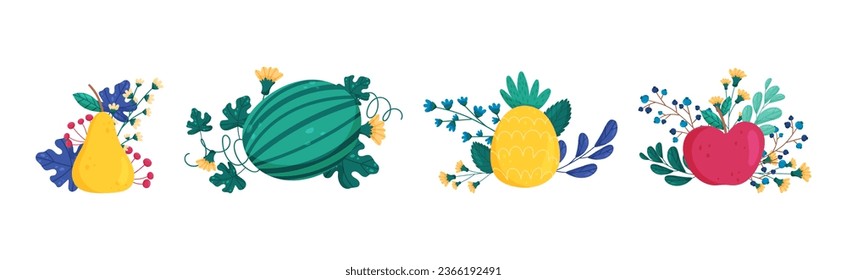 Bright Fruit and Berry Composition with Branches and Flower Blossom Vector Set